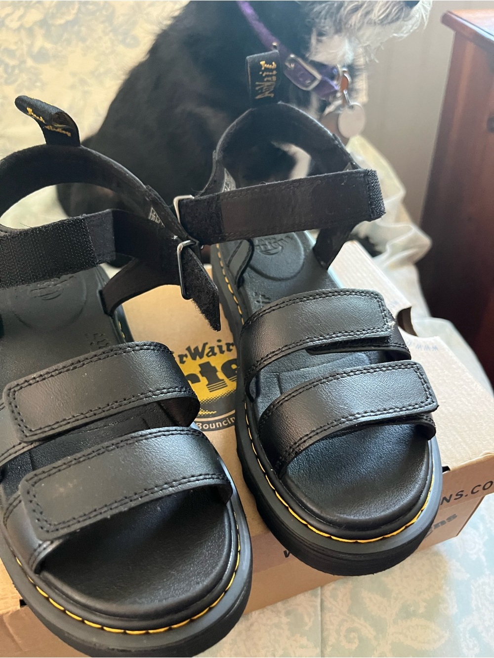 Dr. Martens Black Leather Triple-Strap Sandals with Yellow Stitching